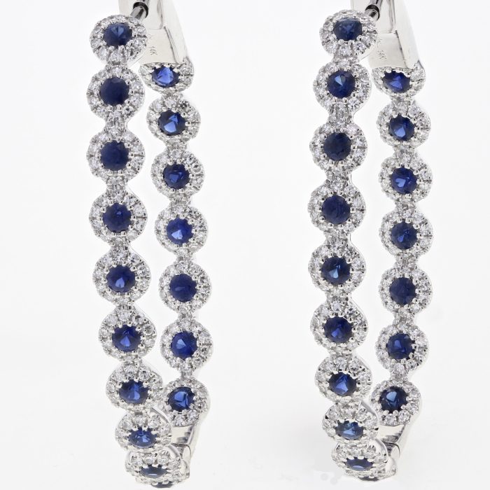 14K White Gold Sapphire and Diamond Oval Inside-Out Hoop Earrings