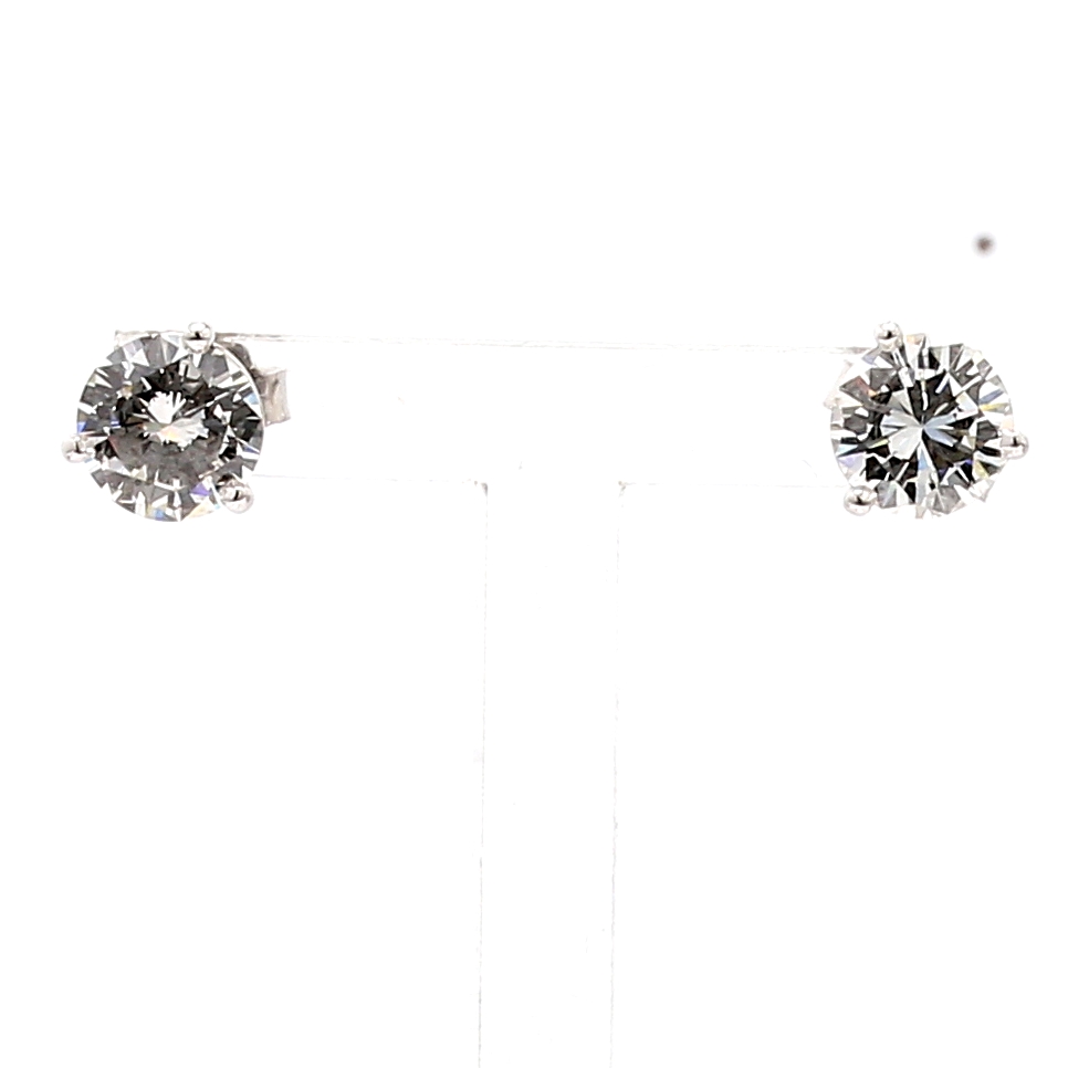 14K White Gold Three-Prong Round Diamond Stud Earrings, 1.72 ct tw