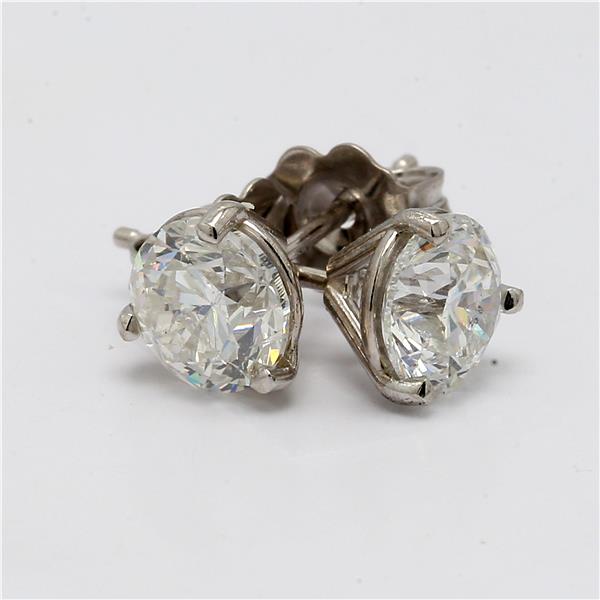 14K White Gold Three-Prong Round Diamond Stud Earrings, 2.00 ct tw