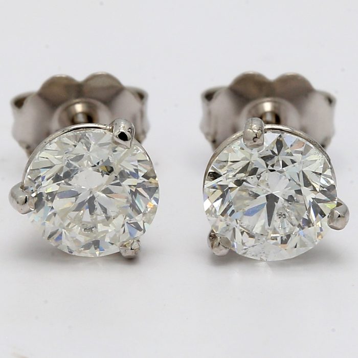 14K White Gold Three-Prong Round Diamond Stud Earrings, 2.00 ct tw