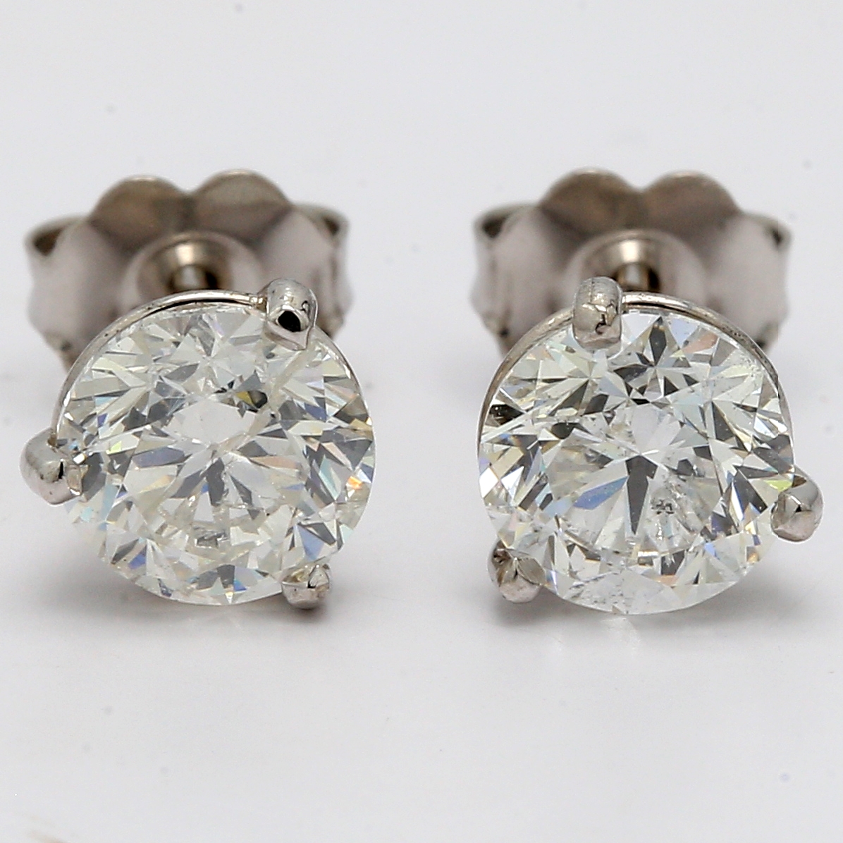 14K White Gold Three-Prong Round Diamond Stud Earrings, 2.00 ct tw