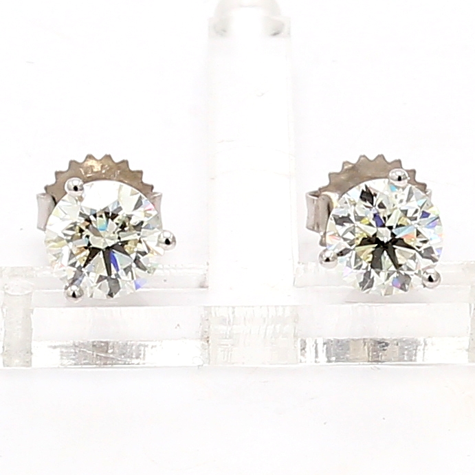 14K White Gold Three-Prong Round Diamond Stud Earrings, 2.02 ct tw