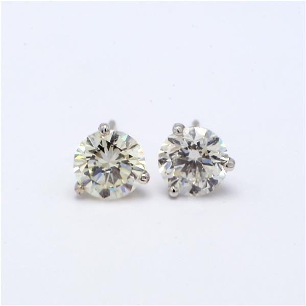 14K White Gold Three-Prong Round Diamond Stud Earrings, 2.06 ct tw