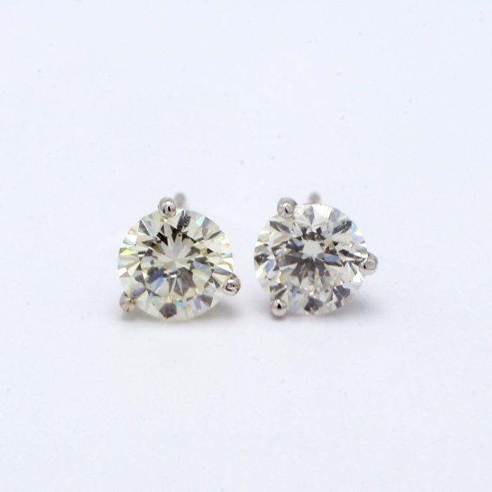 14K White Gold Three-Prong Round Diamond Stud Earrings, 2.06 ct tw