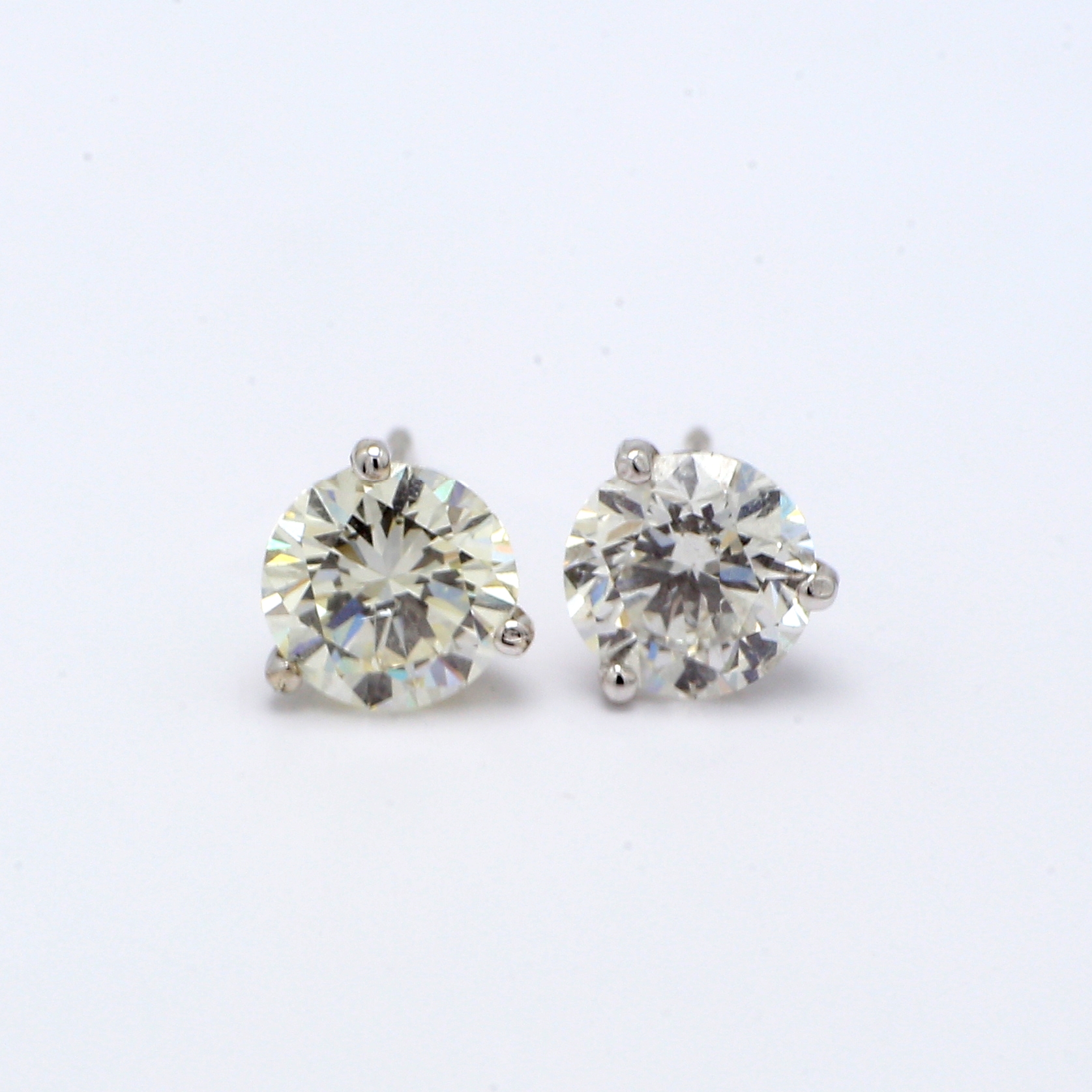 14K White Gold Three-Prong Round Diamond Stud Earrings, 2.06 ct tw