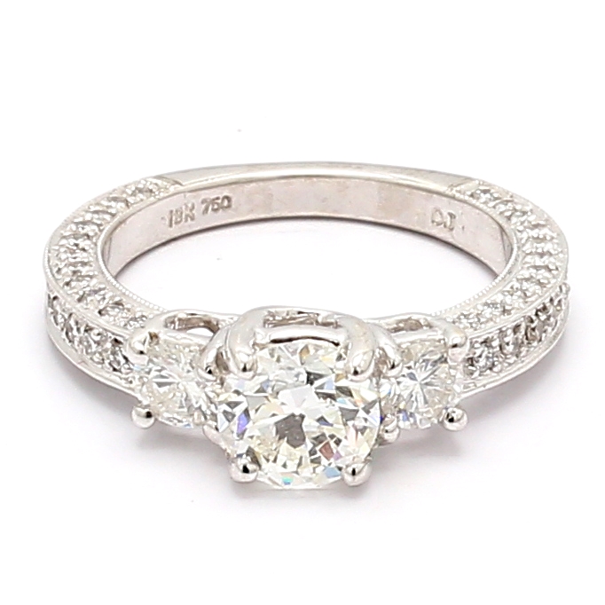 14K White Gold Three-Stone Pavé Diamond Semi-Mount, 0.70 ct tw