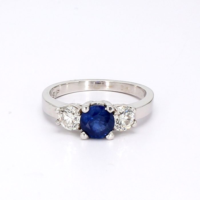14K White Gold Three-Stone Sapphire and Diamond Ring