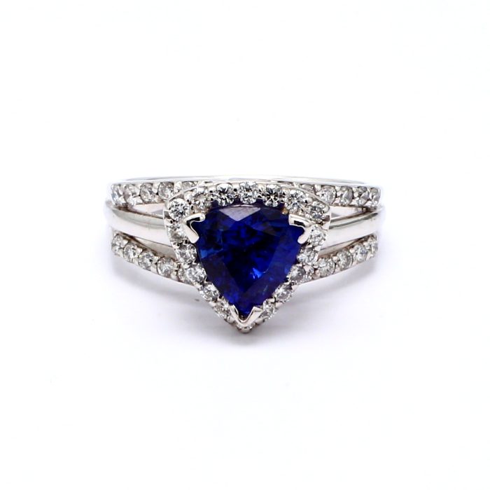 14K White Gold Triangle Sapphire and Diamond Ring
