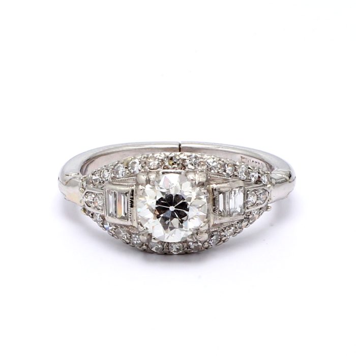 14K White Gold Vintage-Style Round and Baguette Diamond Ring, 1.50 ct tw