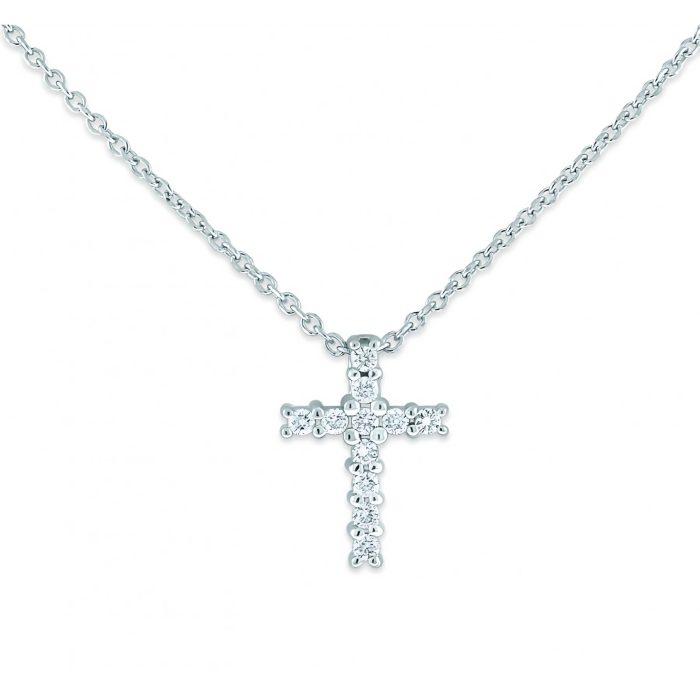 14k White Gold With 11 Diamonds Weighing Diamond Cross Necklace