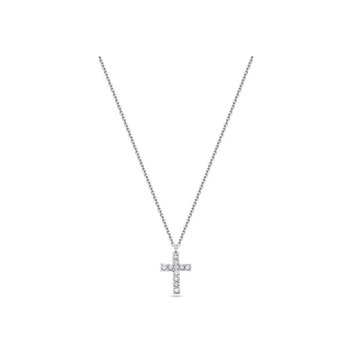 14k White Gold With 11 Diamonds Weighing Small Cross Necklace
