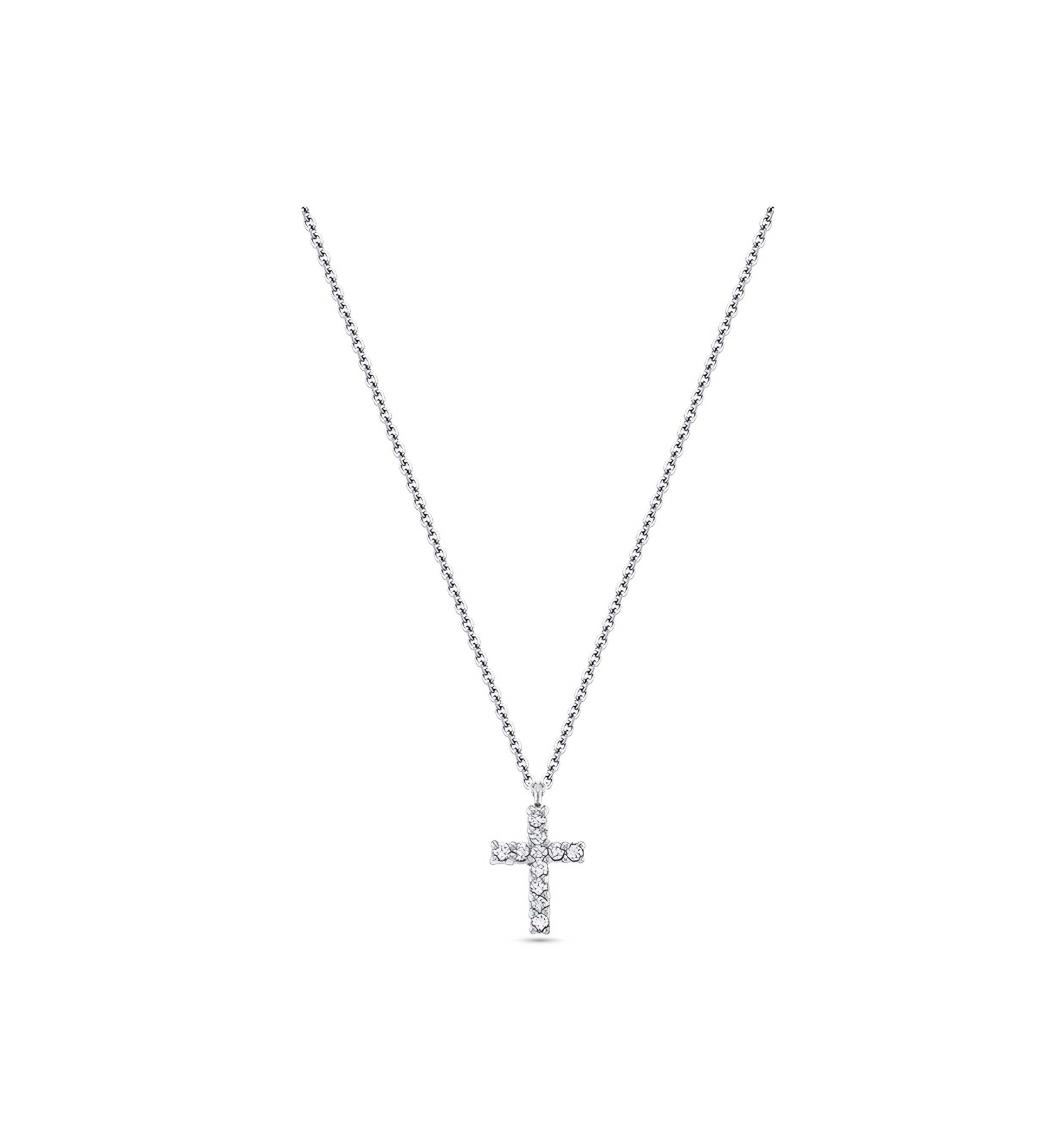 14k White Gold With 11 Diamonds Weighing Small Cross Necklace