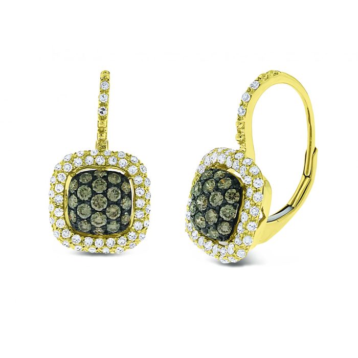 14k Yellow Gold Champagne and White Diamond Small Cushion Earrings