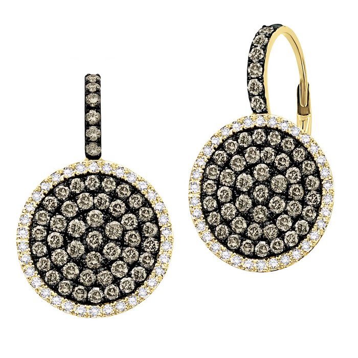 14k Yellow Gold Champagne & White Diamond Circle Drop Earrings