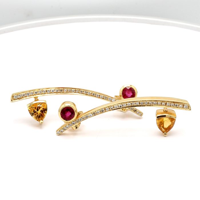 14K Yellow Gold Citrine, Garnet and Diamond Earrings