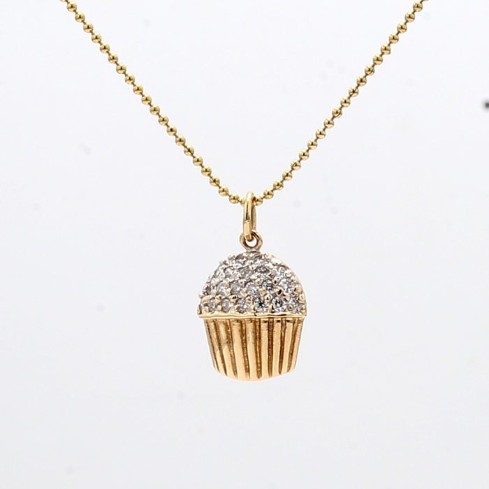14K Yellow Gold Diamond Cupcake Pendant, 0.14 ct tw