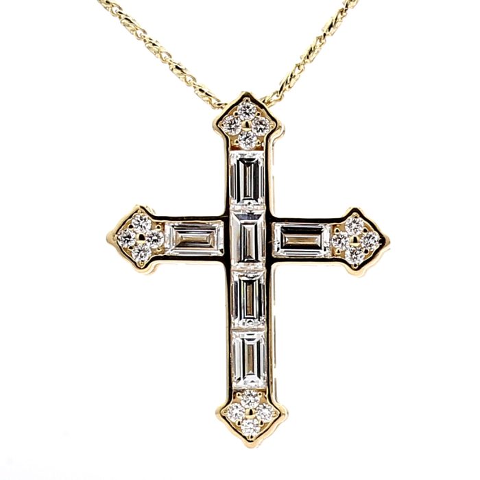 14K Yellow Gold Lab-Grown Baguette and Round Diamond Pendant, 2.04 ct tw