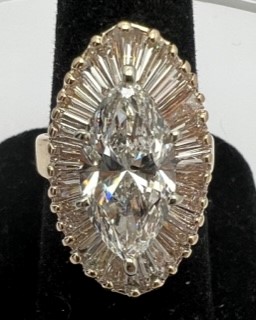 14K Yellow Gold Lab-Grown Marquise Diamond Ring with Baguettes