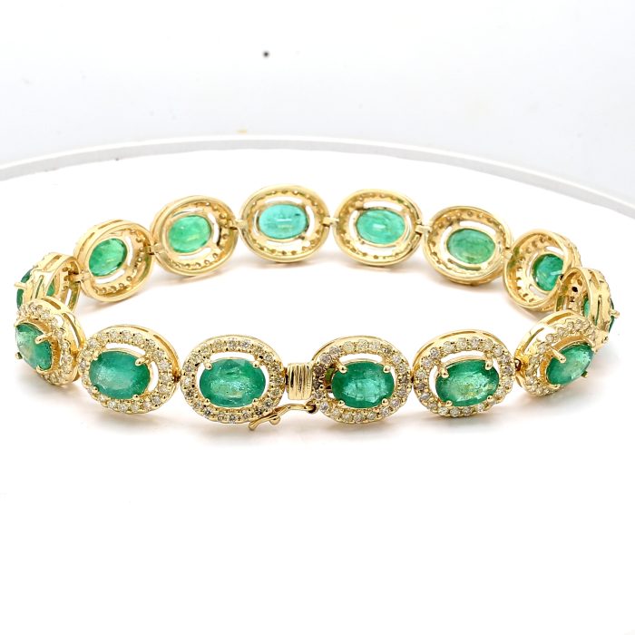 14K Yellow Gold Oval Emerald and Diamond Bracelet, 3.59 ct tw