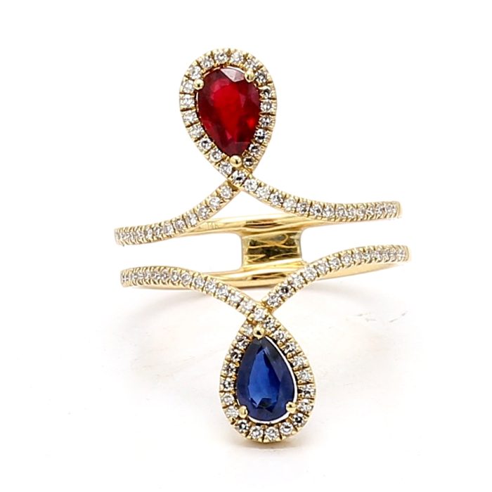14K Yellow Gold Ruby, Sapphire and Diamond Ring