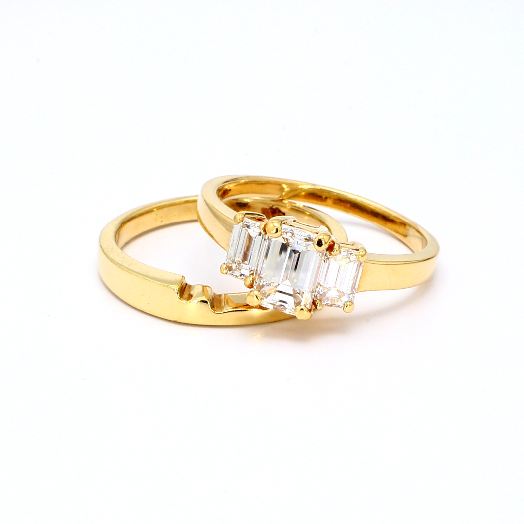 14K Yellow Gold Three-Stone Emerald-Cut Diamond Wedding Set, 1.80 ct tw