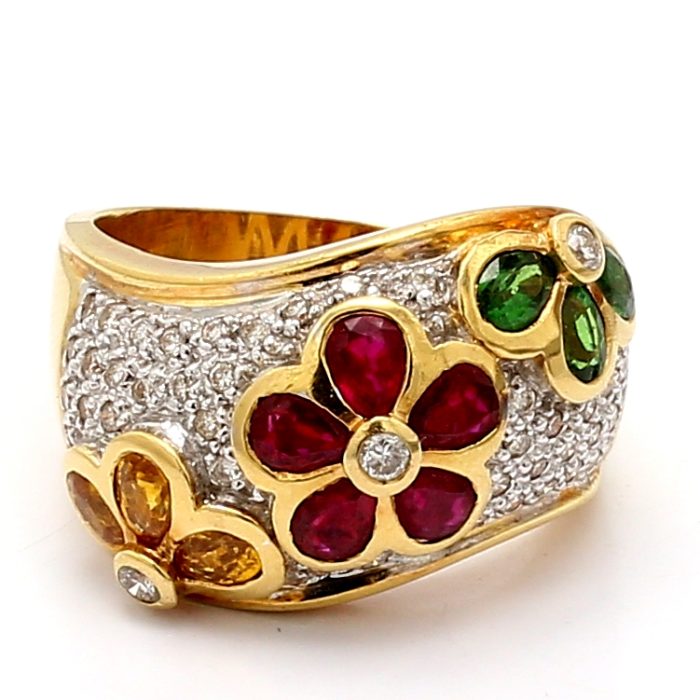 18K Gold Ruby, Yellow Sapphire, Tsavorite and Diamond Ring, 0.55 ct tw