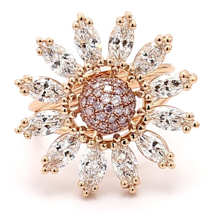 18K Rose Gold Marquise and Pink Diamond Flower Ring, 2.85 ct tw
