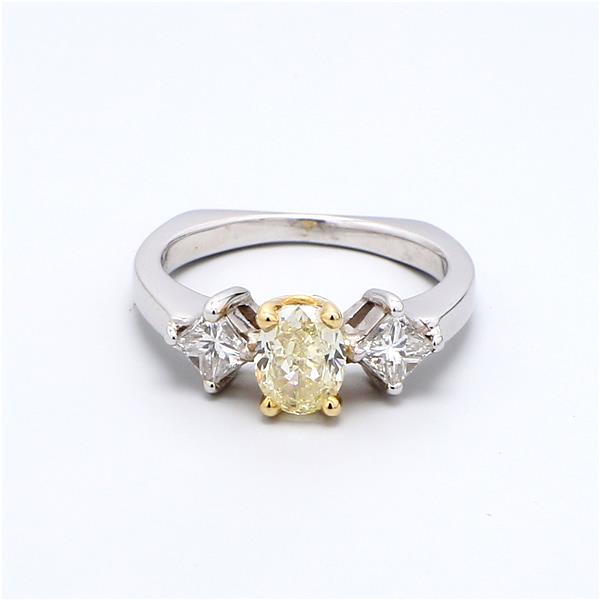 18K Two-Tone Gold Light Yellow Oval Diamond Three-Stone Ring, 1.09 ct tw
