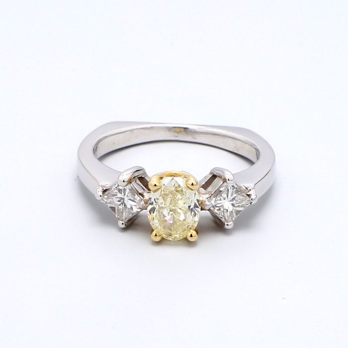18K Two-Tone Gold Light Yellow Oval Diamond Three-Stone Ring, 1.09 ct tw