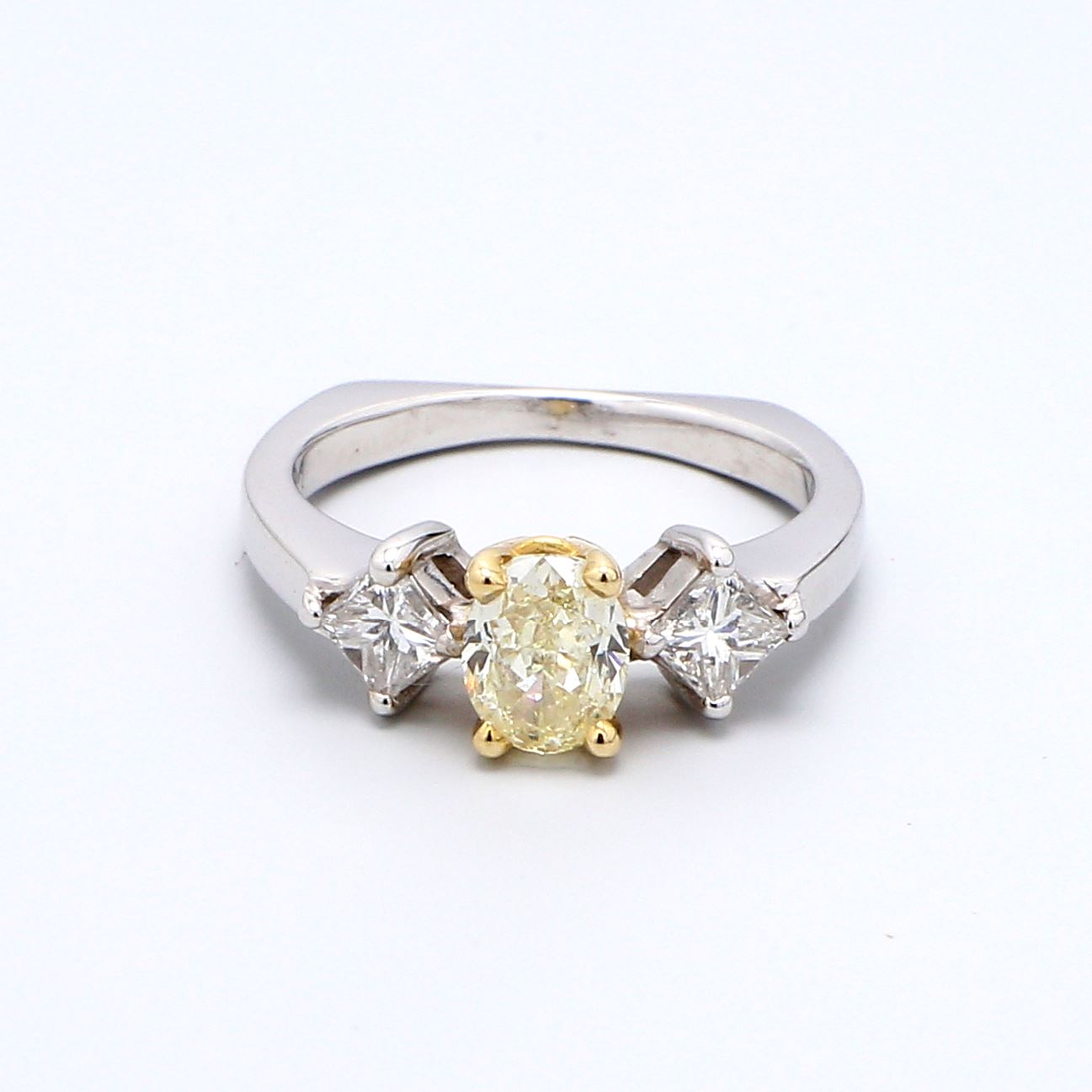18K Two-Tone Gold Light Yellow Oval Diamond Three-Stone Ring, 1.09 ct tw
