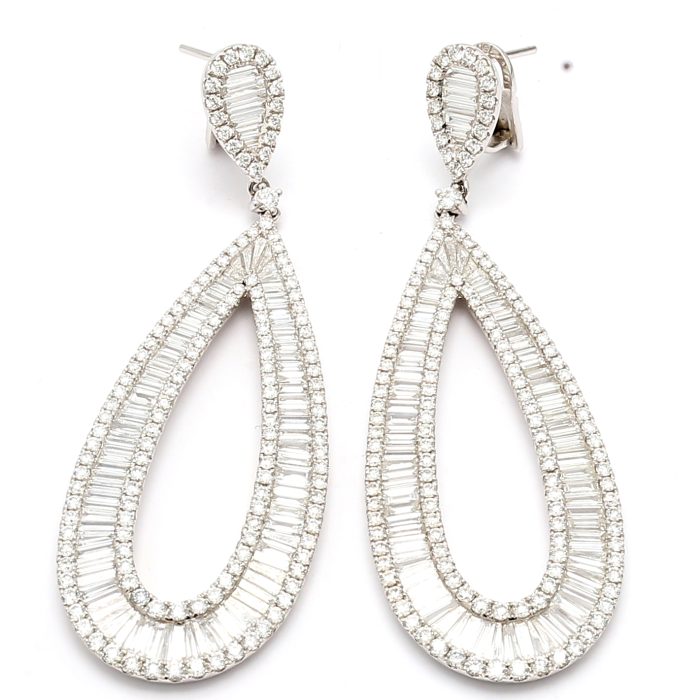 18K White Gold Baguette and Round Diamond Drop Earrings, 8.50 ct tw
