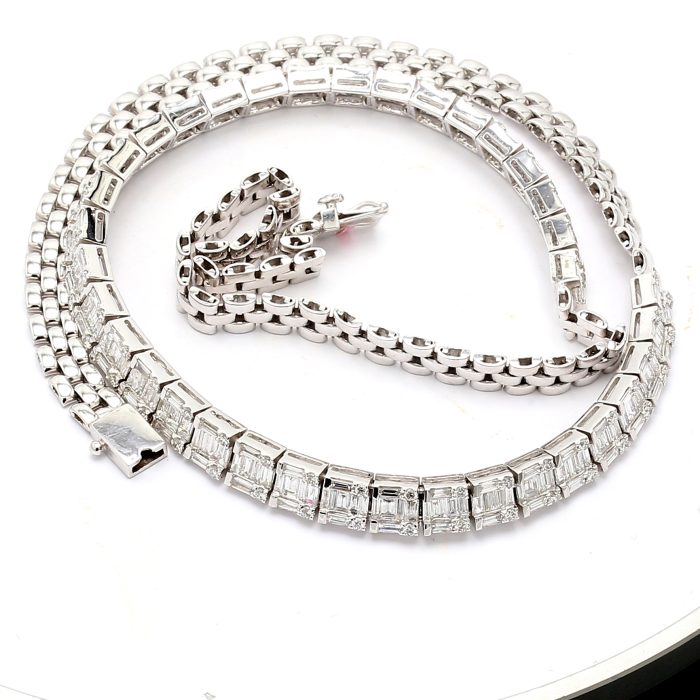 18K White Gold Baguette and Round Diamond Necklace, 6.58 ct tw