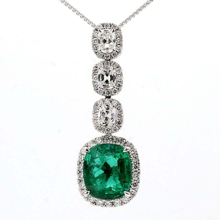 18K White Gold Cushion Emerald and Diamond Pendant