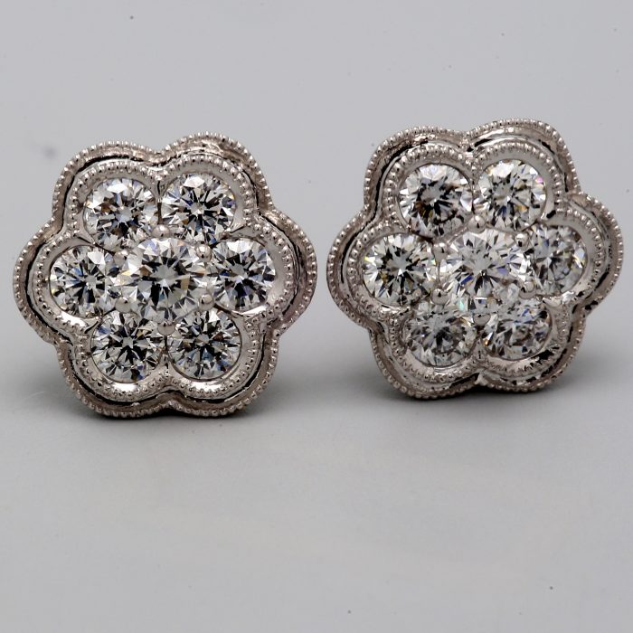 18K White Gold Diamond Flower Stud Earrings, 1.27 ct tw