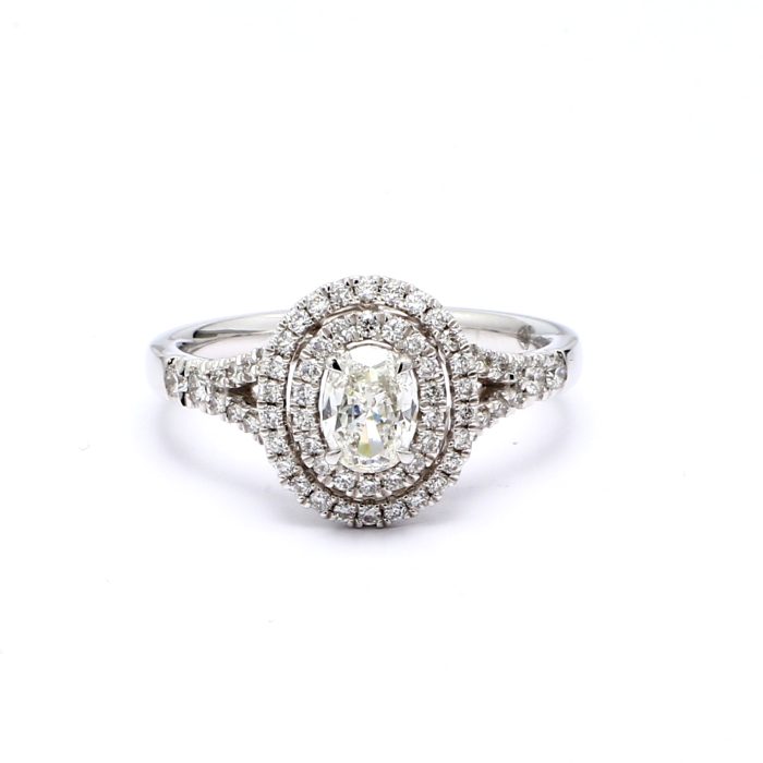 18K White Gold Double Halo Diamond Ring, 0.73 ct tw