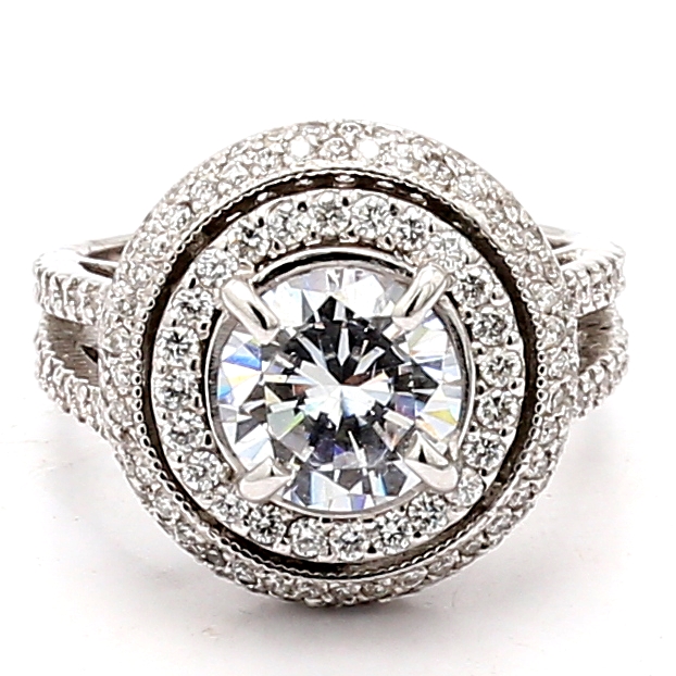 18K White Gold Double Halo Diamond Semi-Mount, 1.32 ct tw
