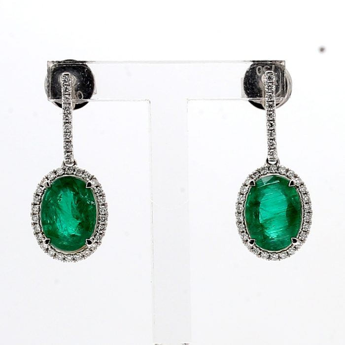 18K White Gold Emerald and Diamond Halo Earrings, 0.34 ct tw