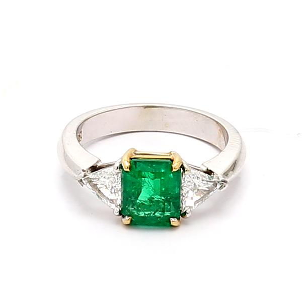 18K White Gold Emerald and Trillion Diamond Ring