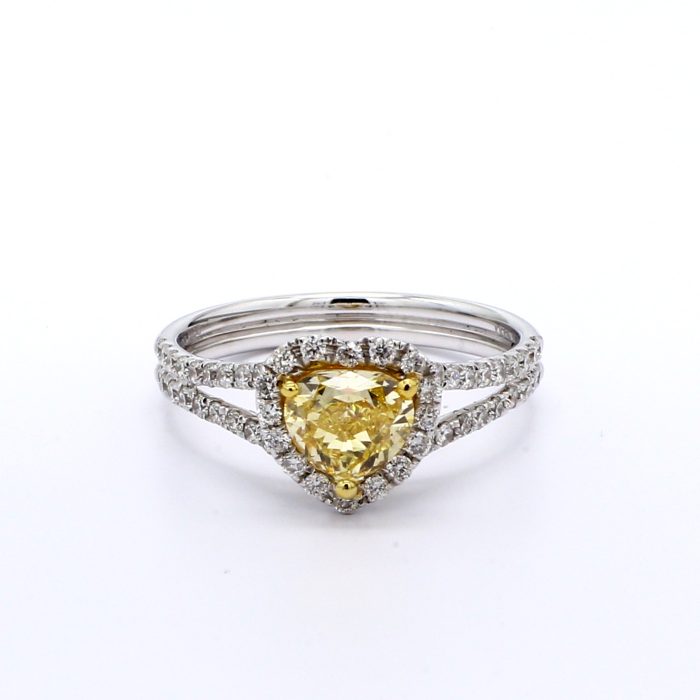 18K White Gold Fancy Yellow Heart Diamond Halo Ring, 1.36 ct tw