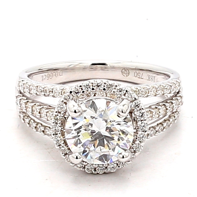 18K White Gold Halo Diamond Semi-Mount with Three-Row Split Shank, 0.66 ct tw