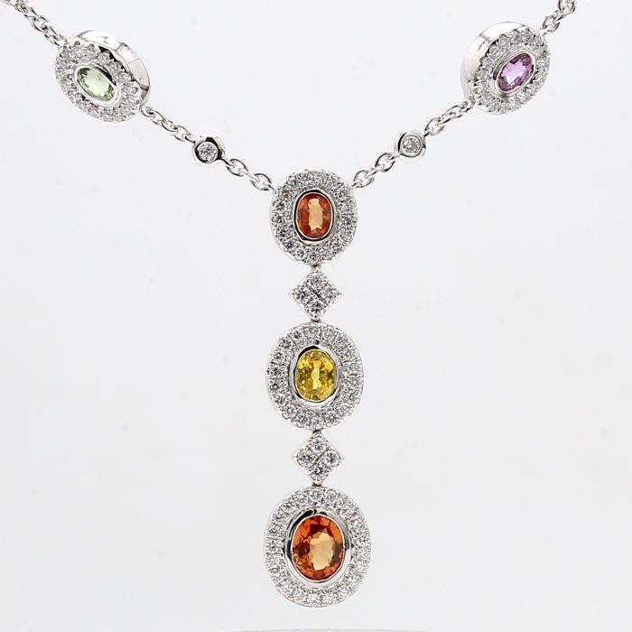 18K White Gold Multi-Color Sapphire and Diamond Necklace, 0.73 ct tw