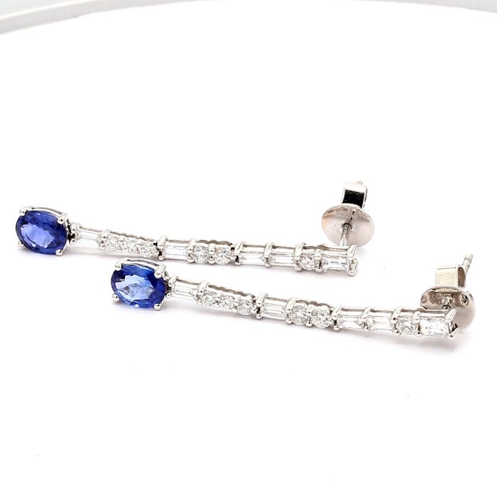 18K White Gold Oval Blue Sapphire and Diamond Earrings, 1.66 ct tw