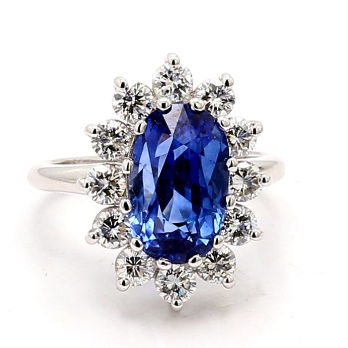 18K White Gold Oval Blue Sapphire and Diamond Halo Ring, 2.20 ct tw
