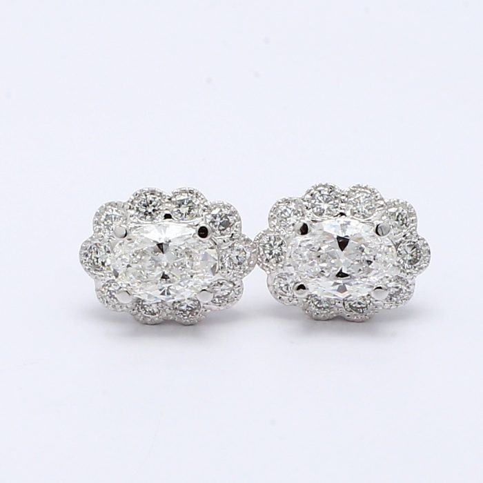 18K White Gold Oval Diamond Halo Earrings, 1.18 ct tw
