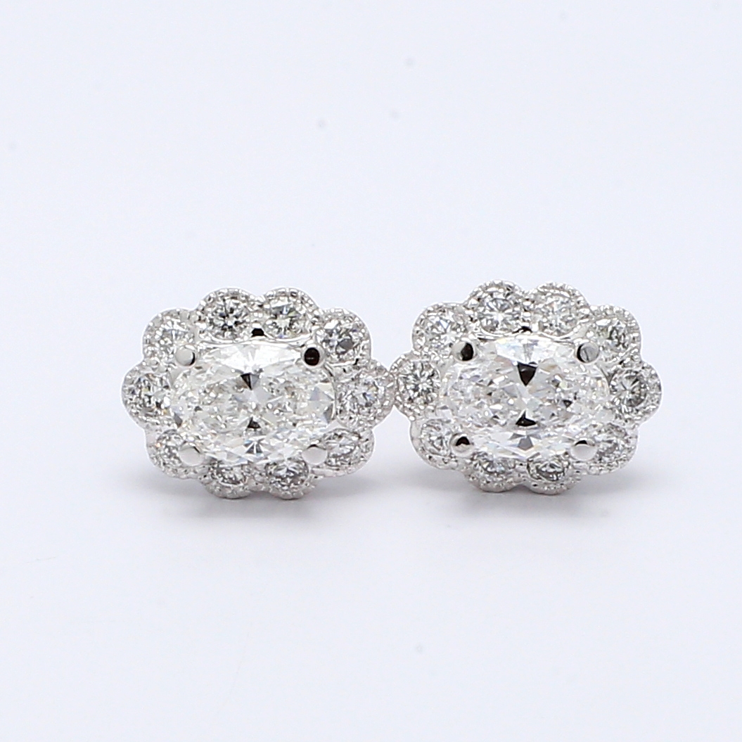 18K White Gold Oval Diamond Halo Earrings, 1.18 ct tw