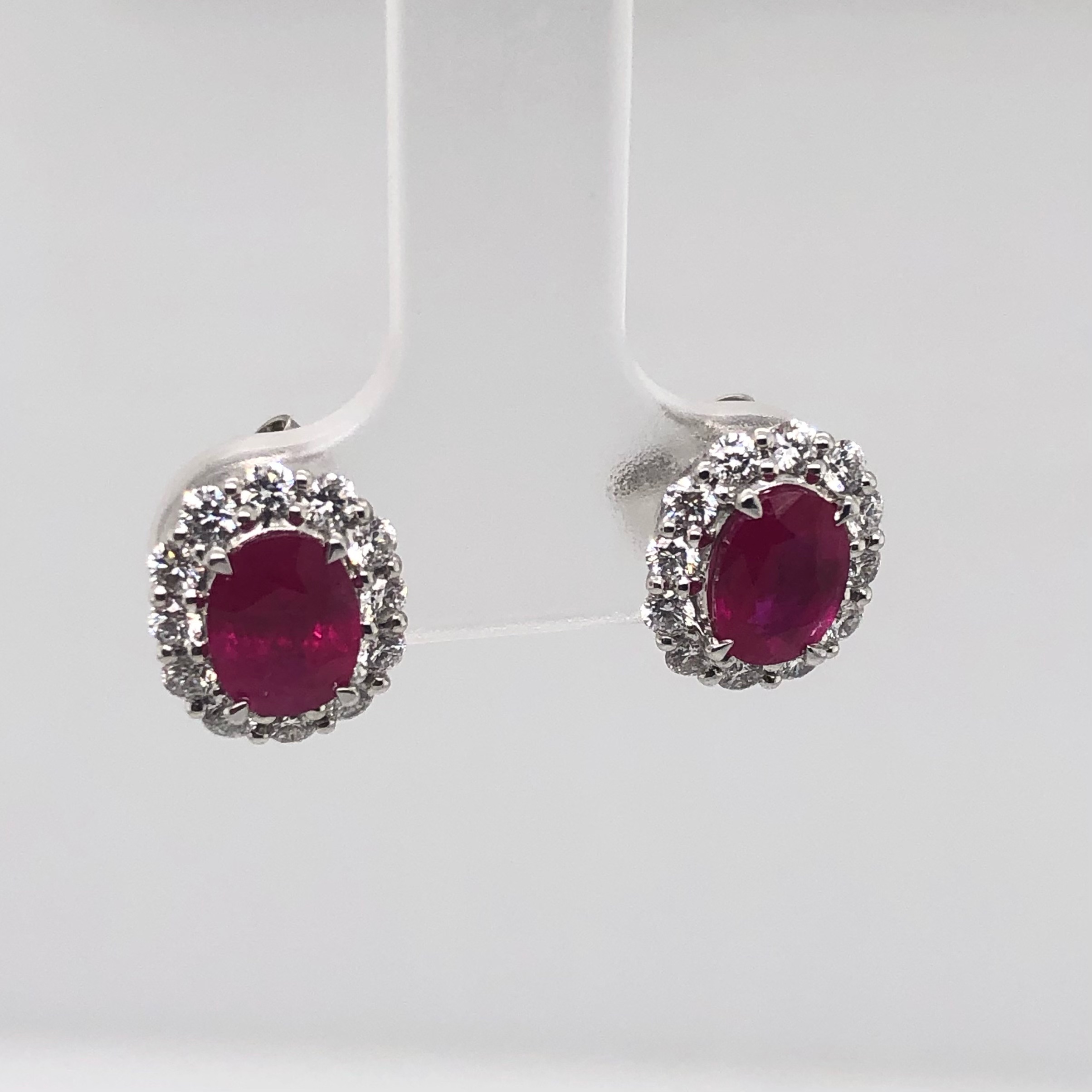18K White Gold Oval Ruby and Diamond Earrings, 0.59 ct tw