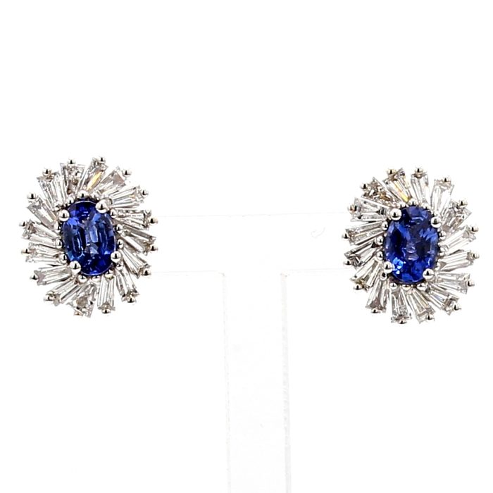 18K White Gold Oval Sapphire and Baguette Diamond Earrings