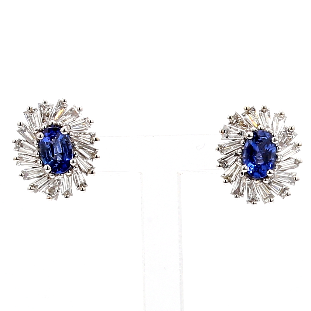 18K White Gold Oval Sapphire and Baguette Diamond Earrings