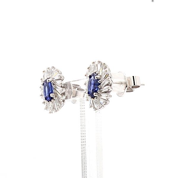 18K White Gold Oval Sapphire and Baguette Diamond Earrings