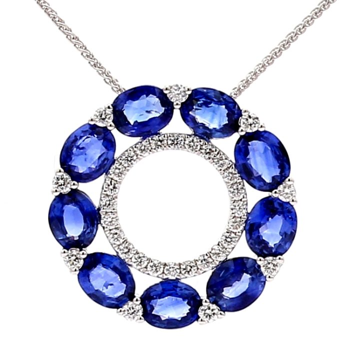 18K White Gold Oval Sapphire and Diamond Pendant